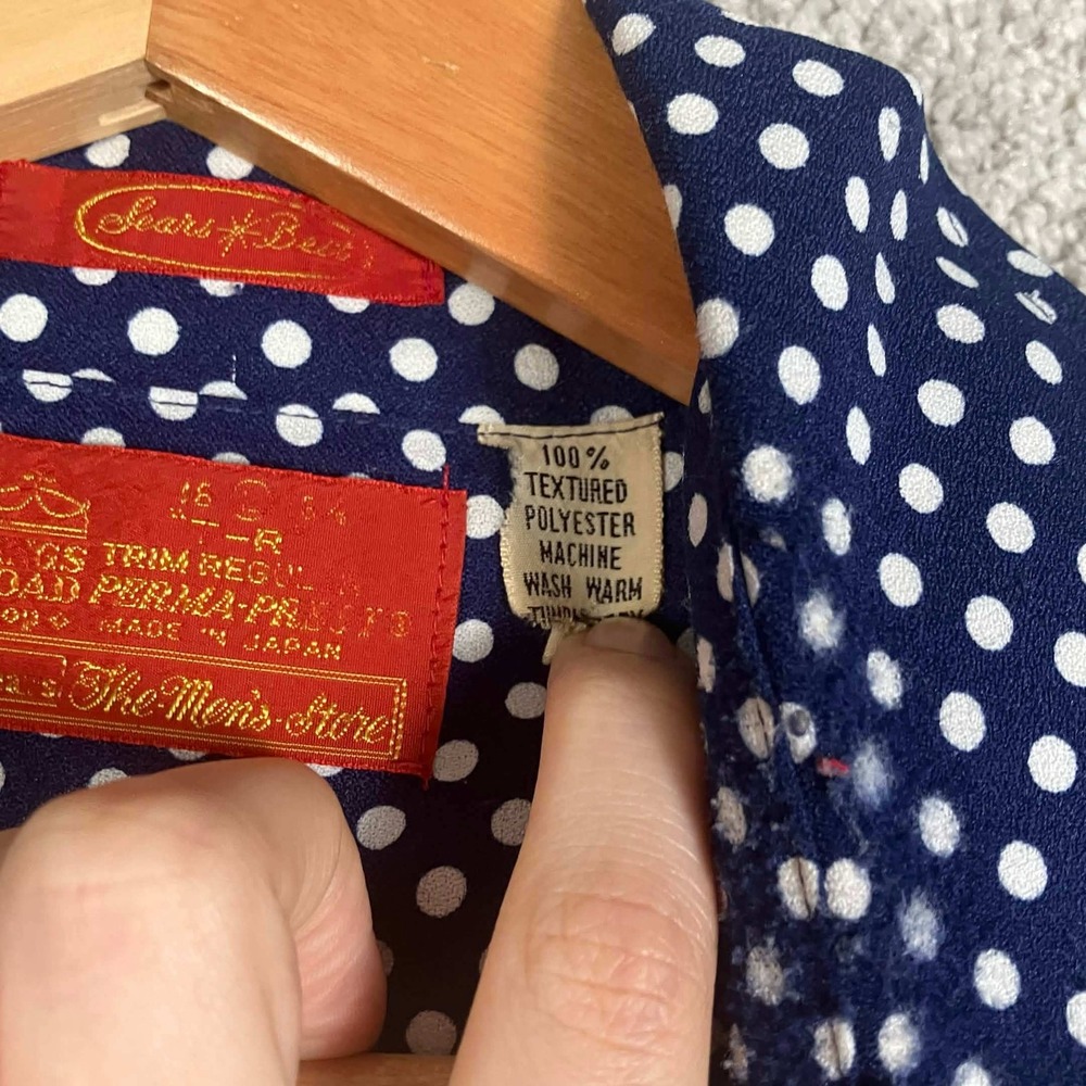 Vintage 70s Sears Kings Road Mens Blue Polka Dot Disco Shirt 16 Large Dagger - Picture 5 of 14